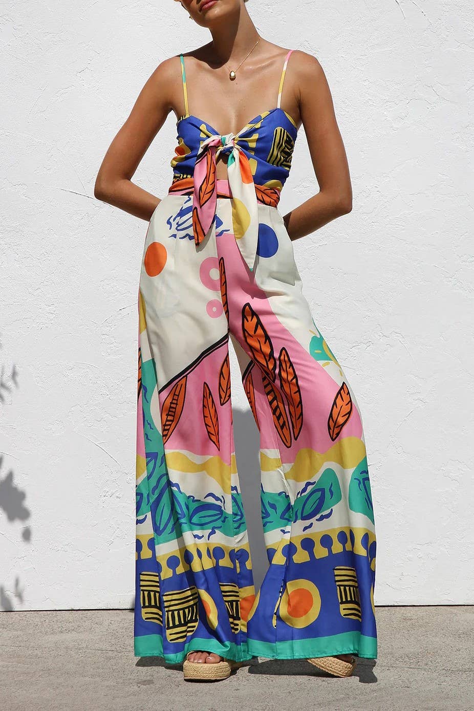 Rosa Clothing - Unique cartoon graffiti print keyhole knot cami Jumpsuit