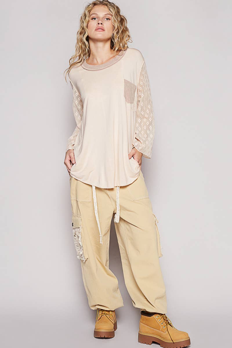 Pol Clothing - Scoop neck lace long sleeve front pocket solid top