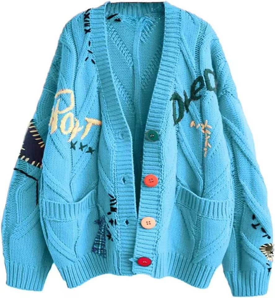 Rosa Clothing - Slouchy Embroidered Cardigan With 6 Colors
