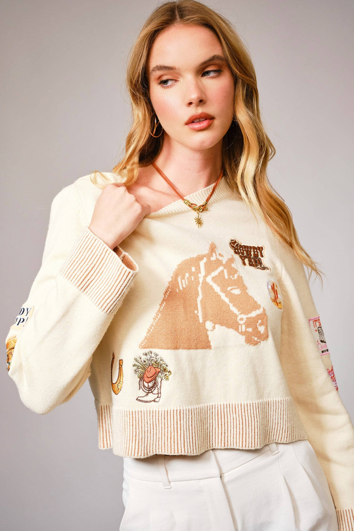 Blue B - 36839W - Horse Graphic Western Patch Sweater