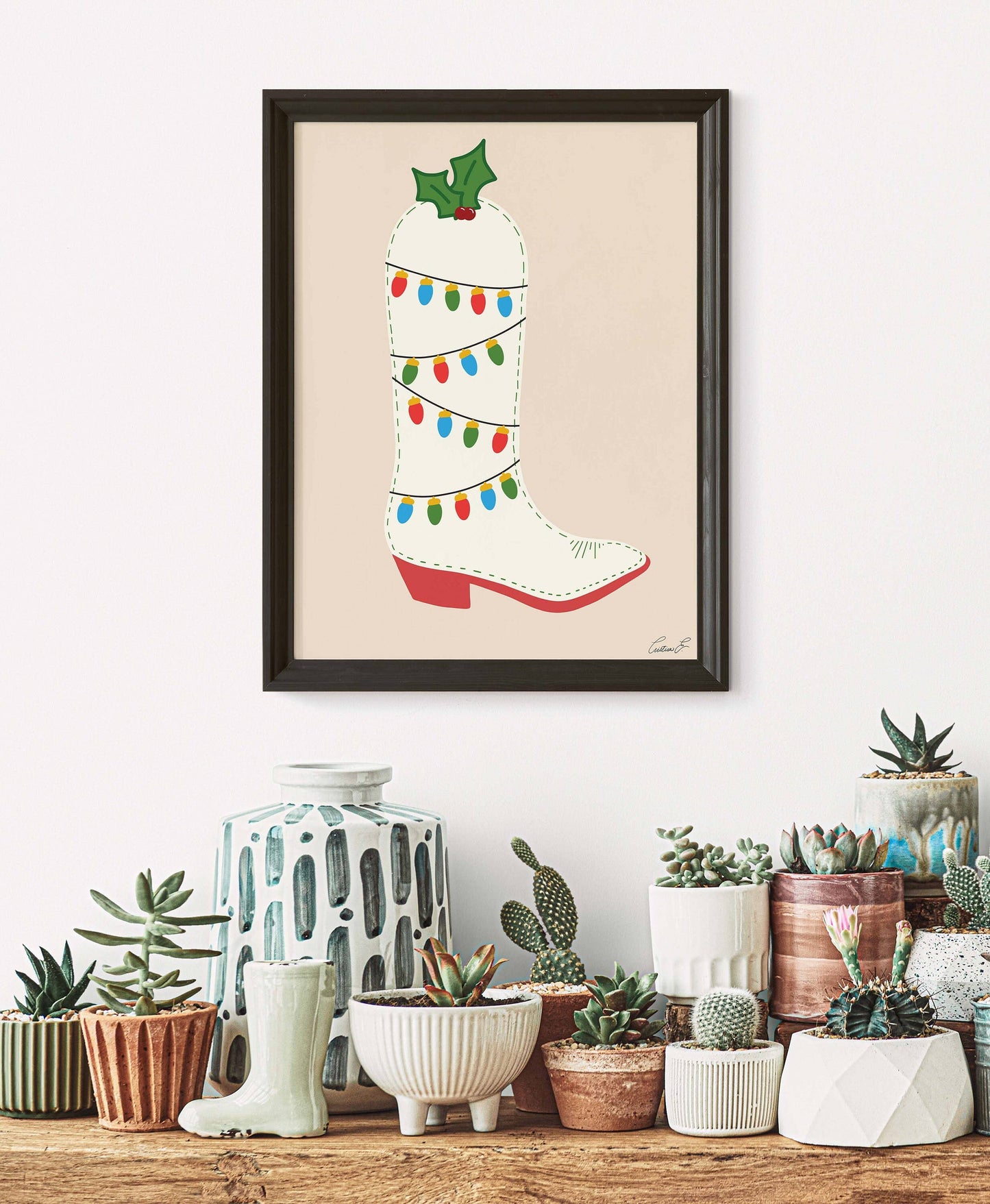 Christmas Lights Cowboy Boot Wall Art Print | Texmas Art