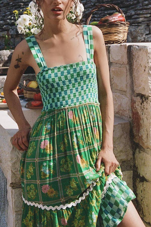 Rosa Clothing - Green checkered Unique Floral Boho ric rac tiered dress
