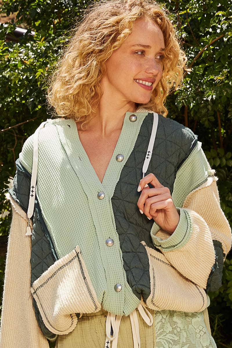 Pol Clothing - Cut sew multi fabric hooded button down combo shacket SALE
