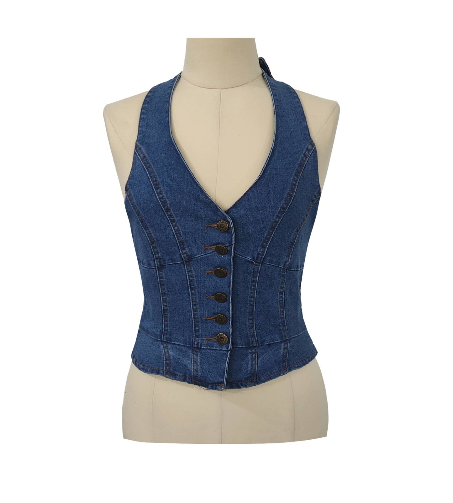 Rosa Clothing - Hottie Tie String Button Halterneck Denim Vest