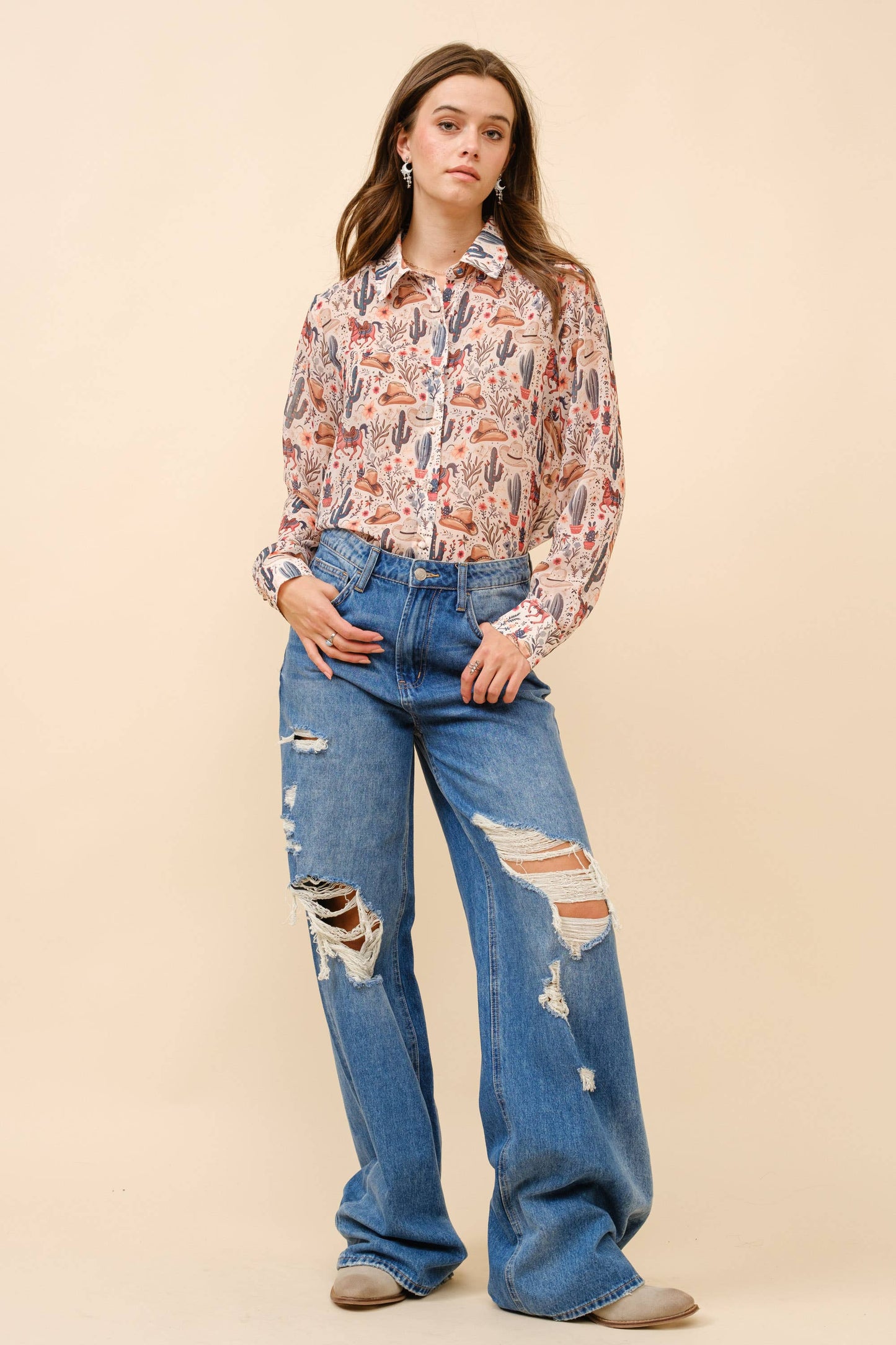 Blue B - 36204T - Western Print Chiffon Button Up Blouse