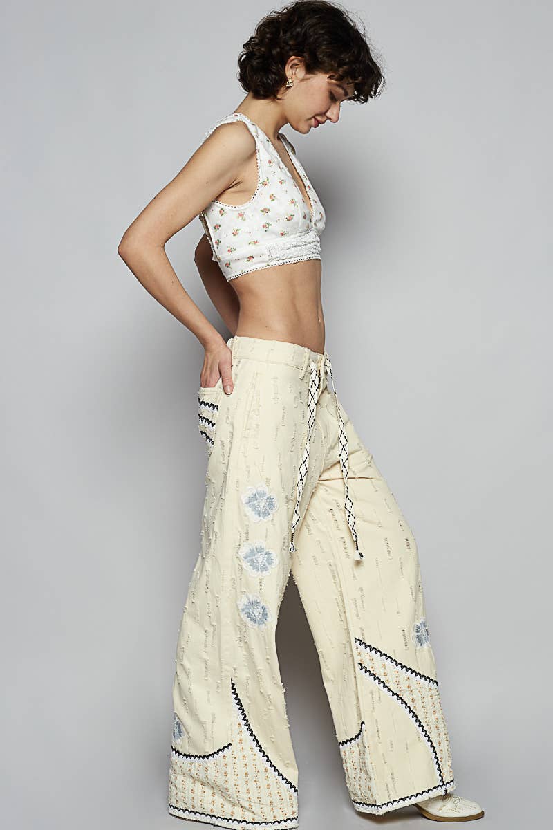 Pol Clothing - Floral patches embroidery elastic band casual pant