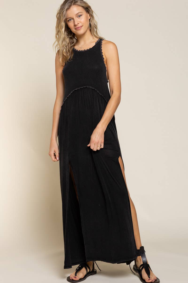 Pol Clothing - Sleeveless racerback back zipper front slit knit maxi dress