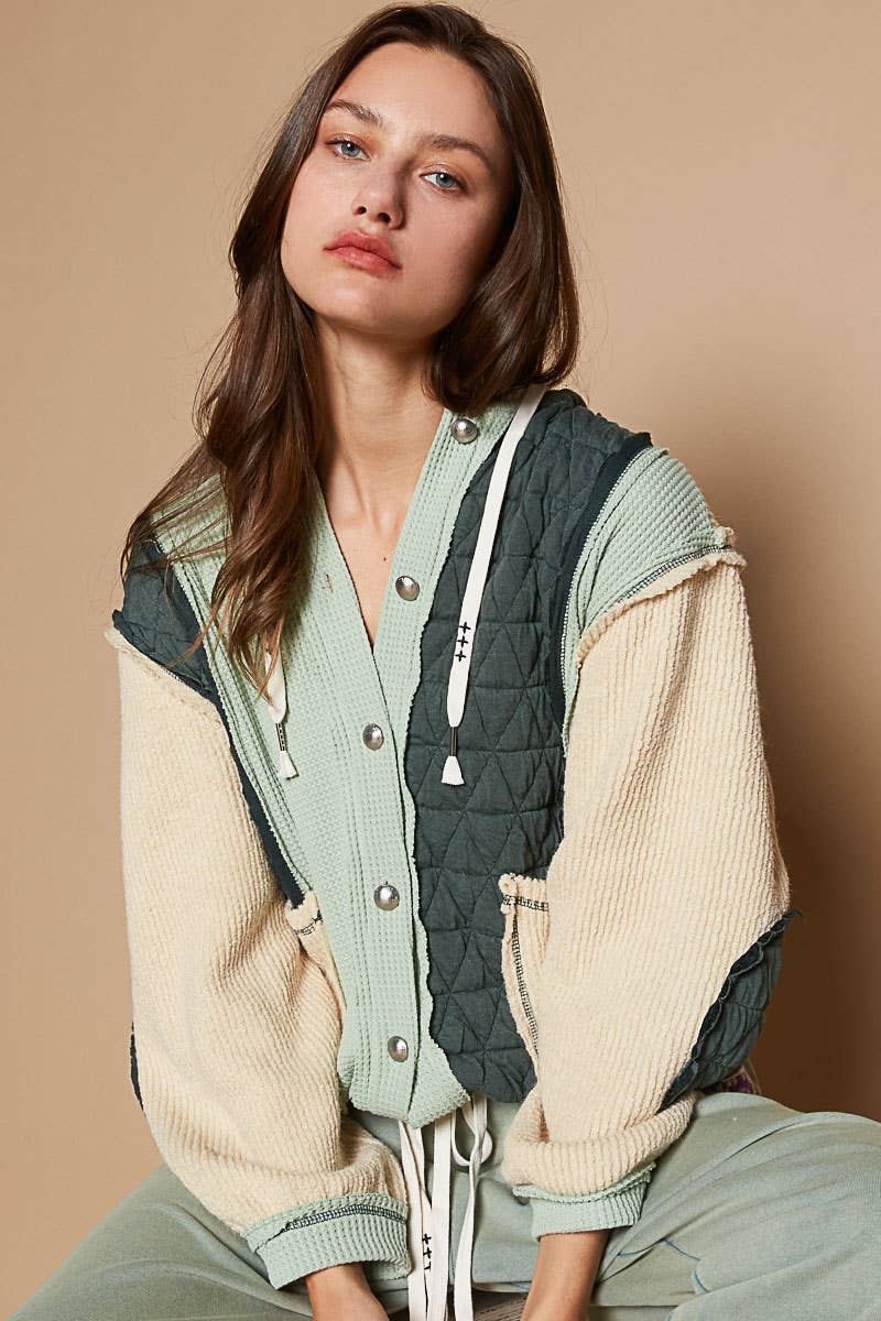 Pol Clothing - Cut sew multi fabric hooded button down combo shacket SALE