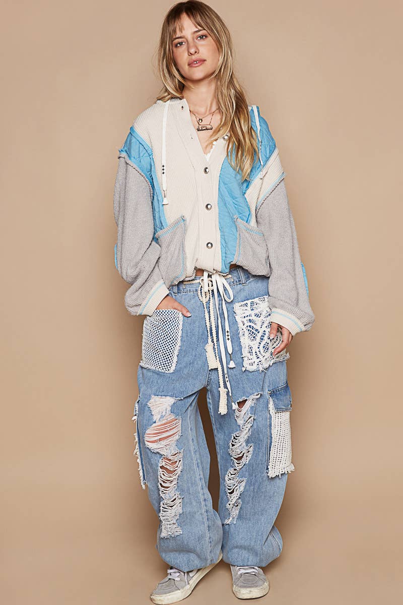 Pol Clothing - Cut sew multi fabric hooded button down combo shacket SALE