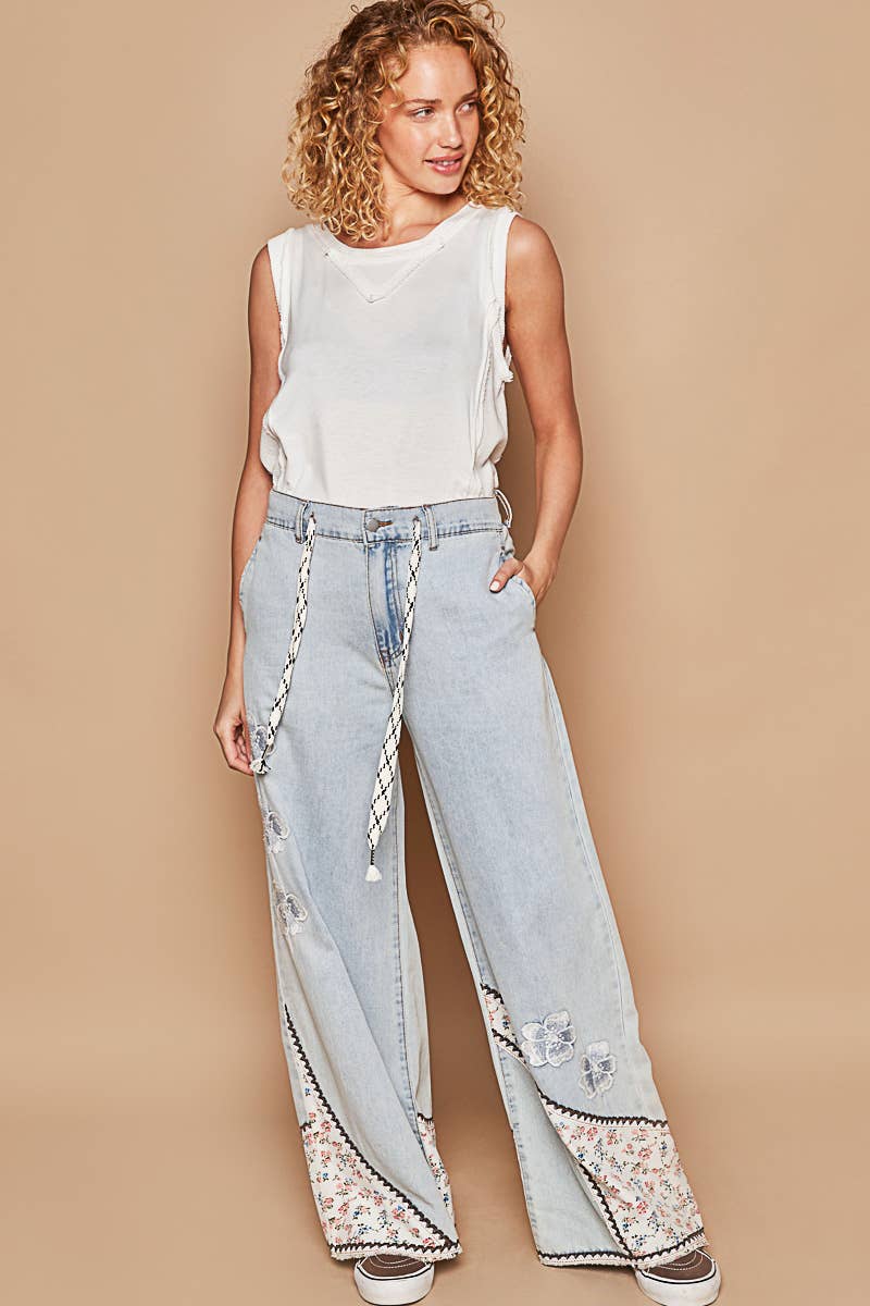 Pol Clothing - Floral patches embroidery elastic band casual pant