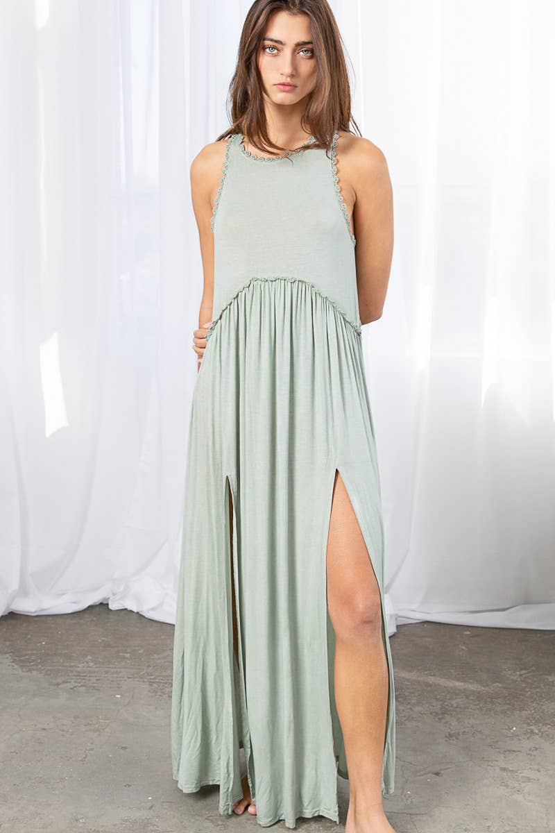 Pol Clothing - Sleeveless racerback back zipper front slit knit maxi dress