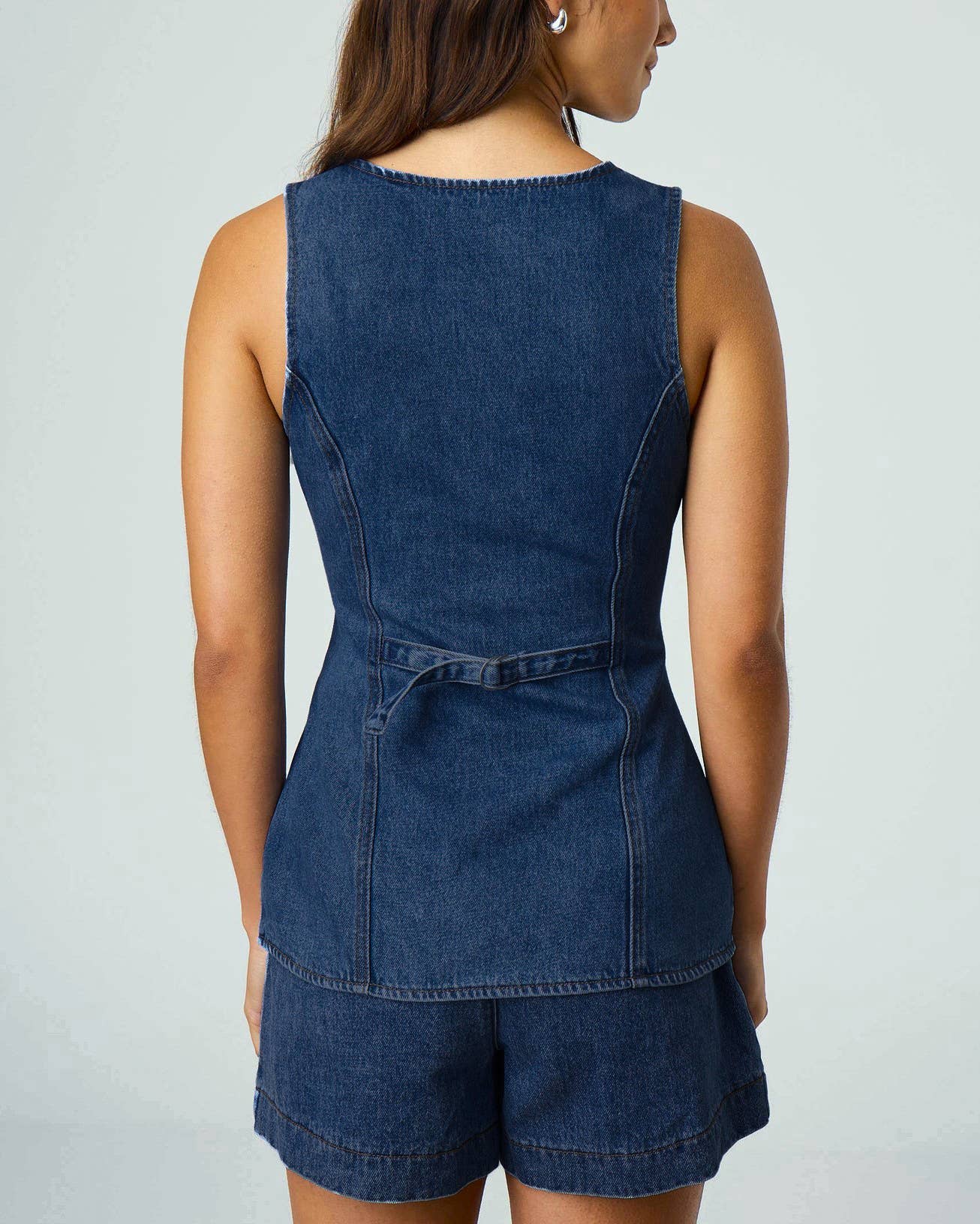 Rosa Clothing - Trendy Effortlessly Denim V-Neck Vest And Shorts Set