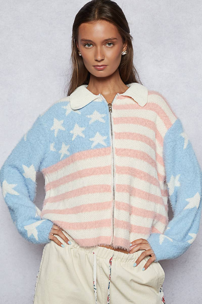 Pol Clothing - Collar neck long sleeve American flag mohair sweater jacket