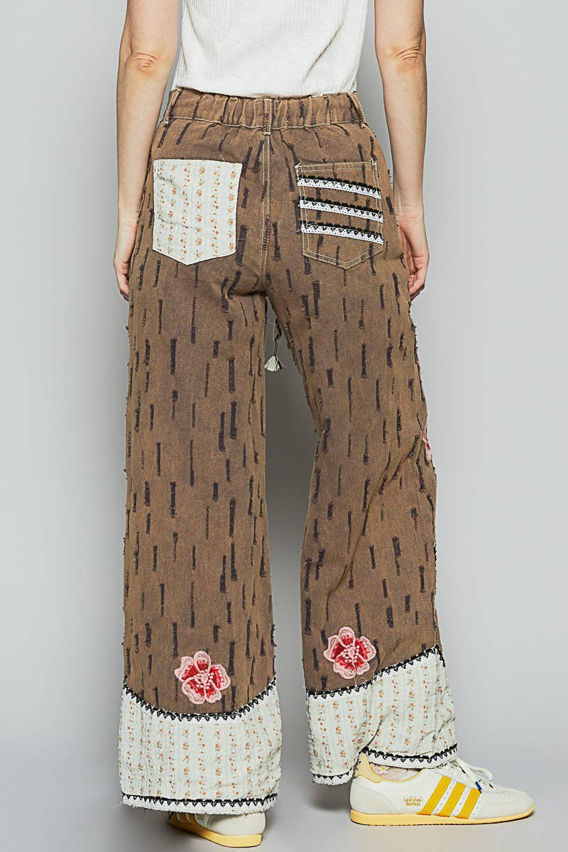Pol Clothing - Floral patches embroidery elastic band casual pant