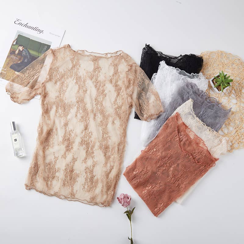 Rosa Clothing - Floral lace mesh see through short sleeve top - 6 colors