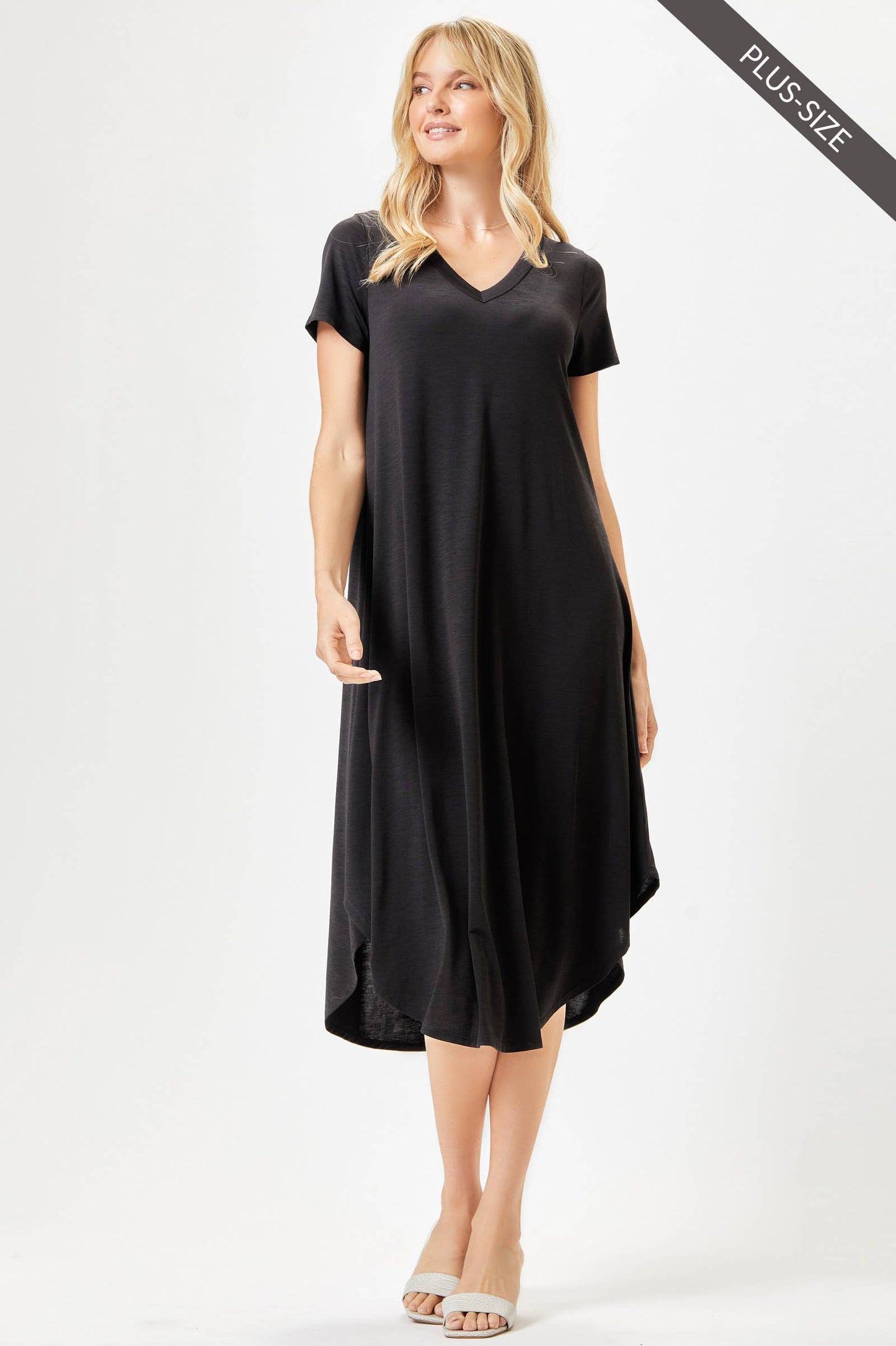 PLUS SIZE Beautiful Solid Midi Dress With Dolphin Hemline