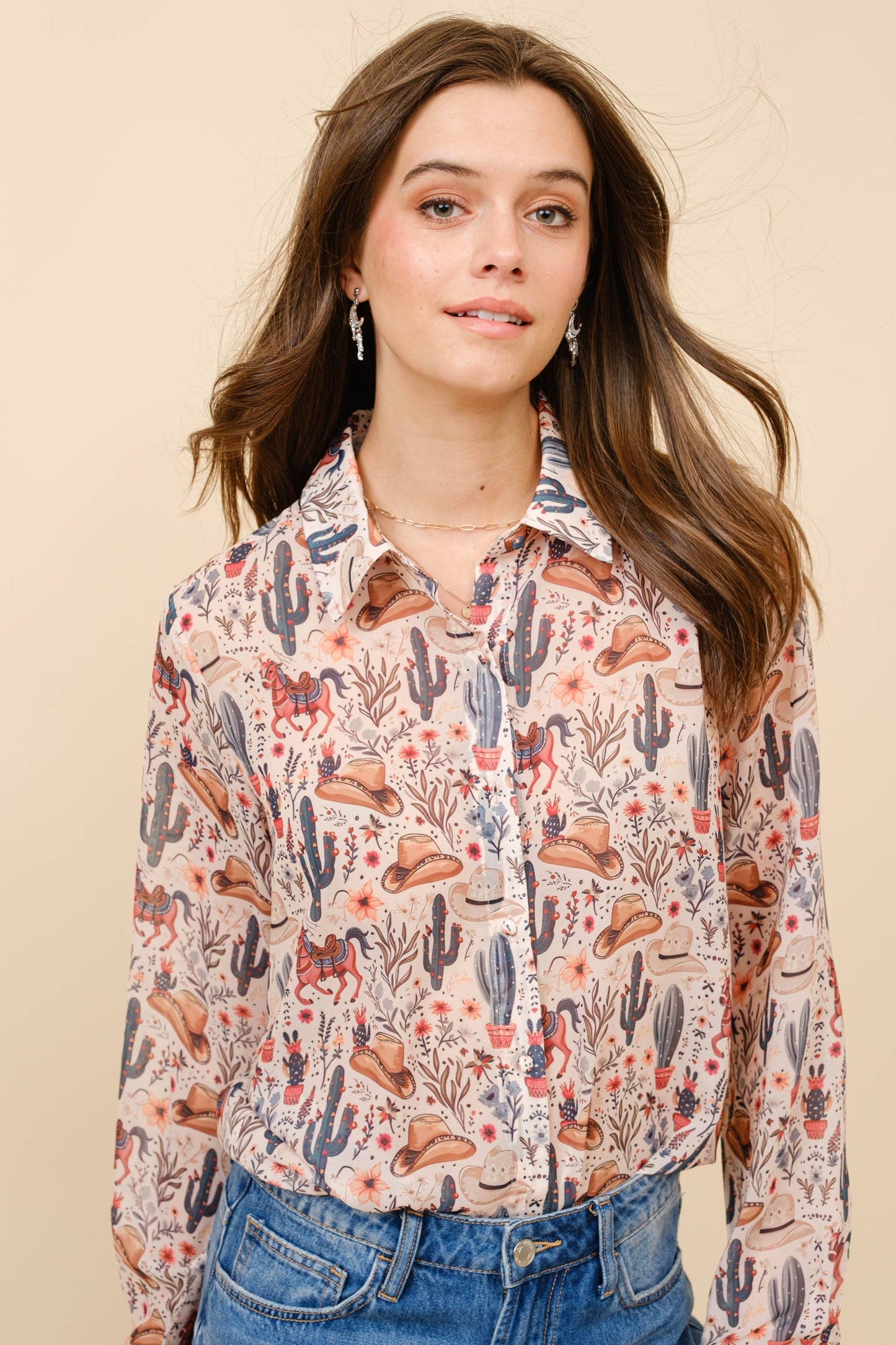Blue B - 36204T - Western Print Chiffon Button Up Blouse