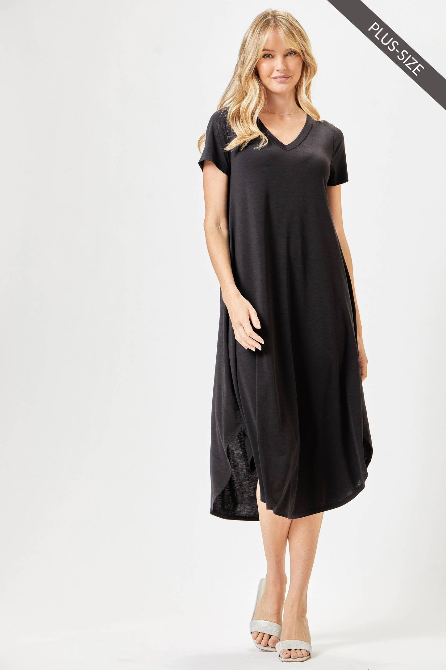 PLUS SIZE Beautiful Solid Midi Dress With Dolphin Hemline