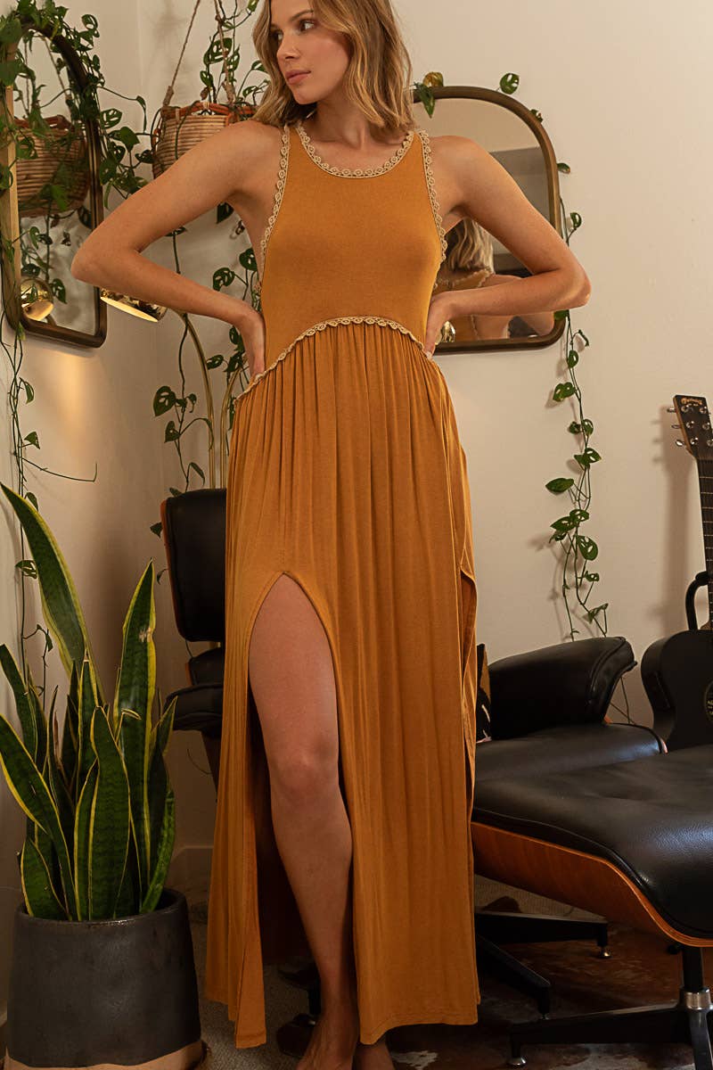 Pol Clothing - Sleeveless racerback back zipper front slit knit maxi dress