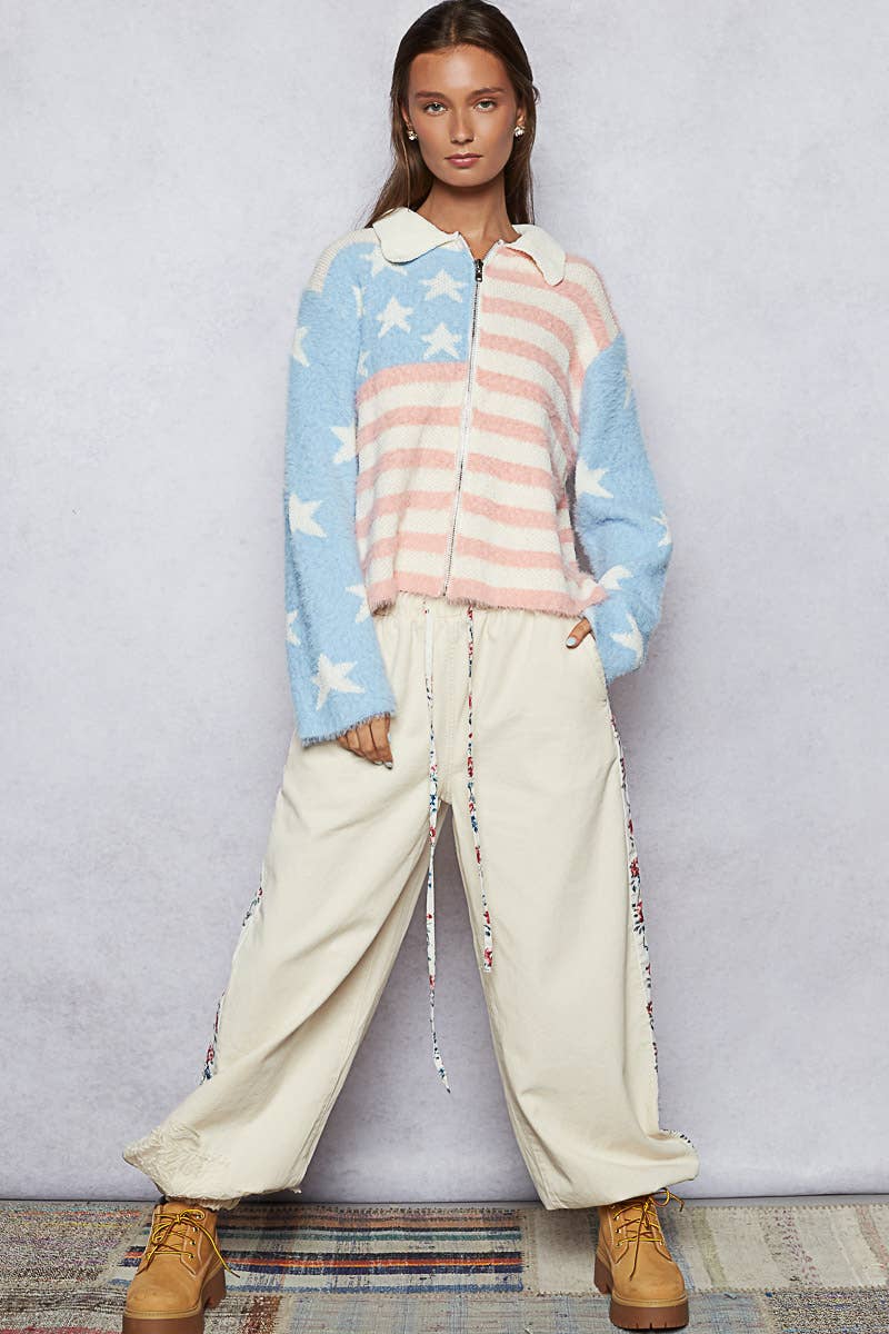 Pol Clothing - Collar neck long sleeve American flag mohair sweater jacket