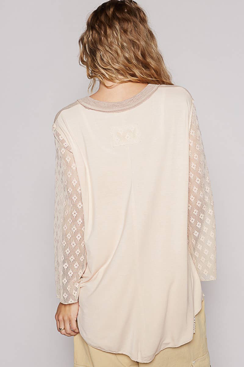 Pol Clothing - Scoop neck lace long sleeve front pocket solid top