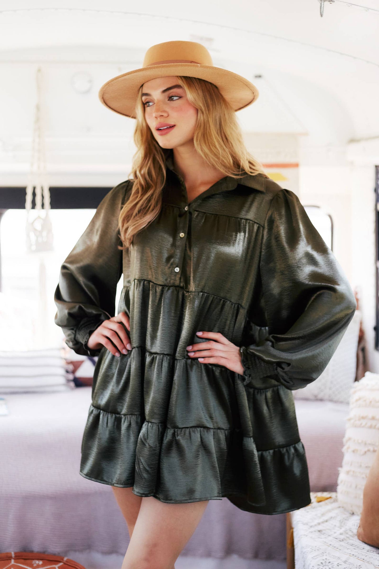 Satin Shirt Dress with Tiered Bottom