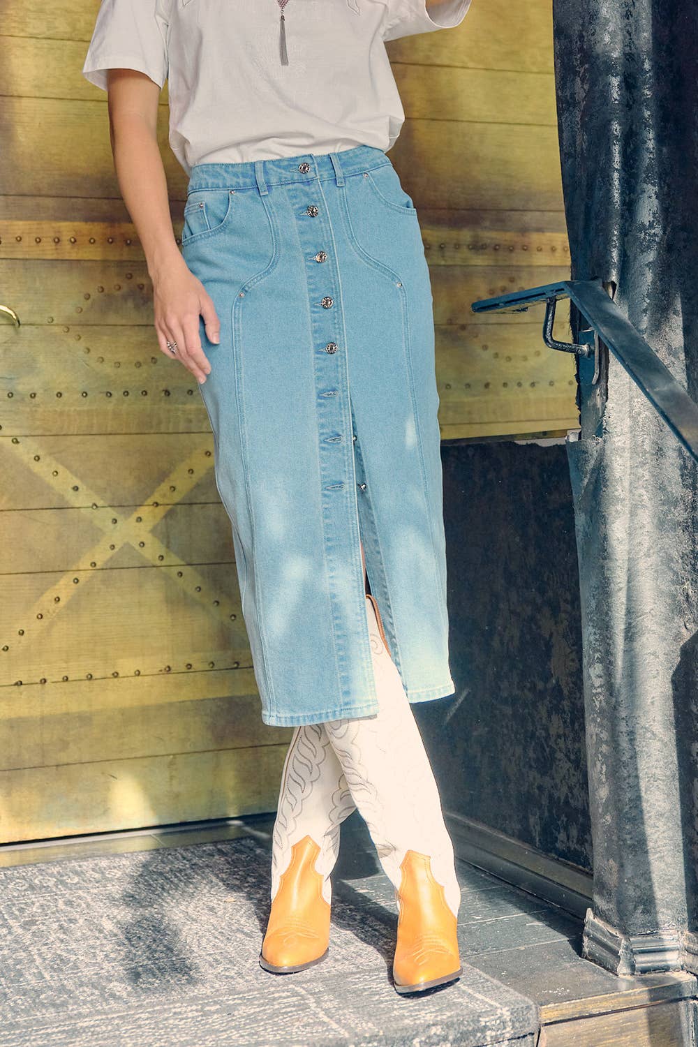 80187S- Mid Rise Fitted Button Up Midi Denim Pencil Skirt