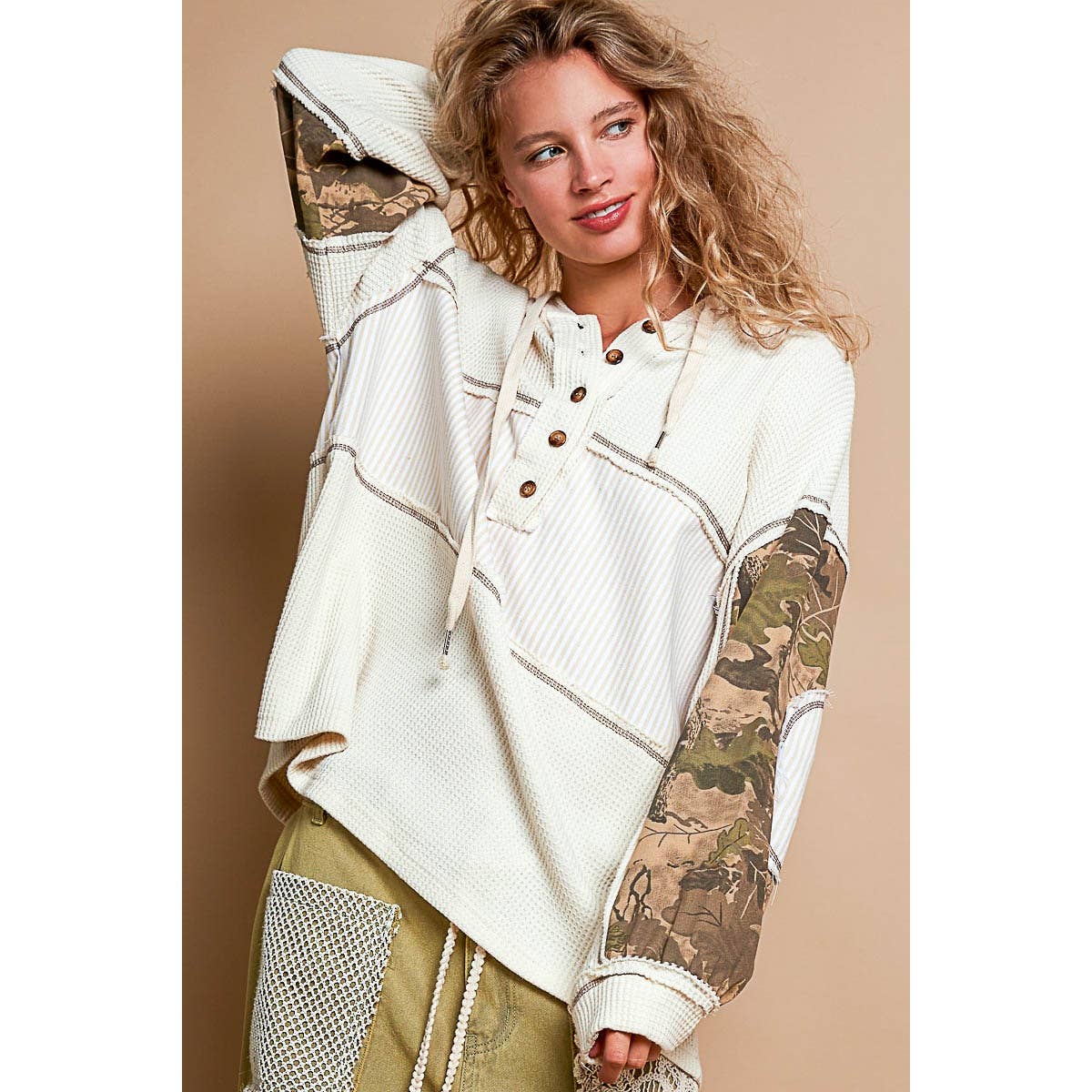 Pol Clothing - Printed camo sleeve elbow patches solid top SALE