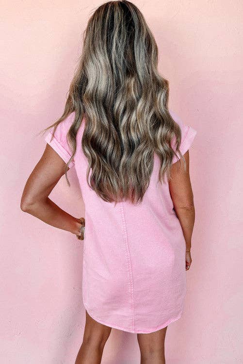 Crossed Arrows Clothing Wholesale co. - Pink Pocket Denim Shirt Dress