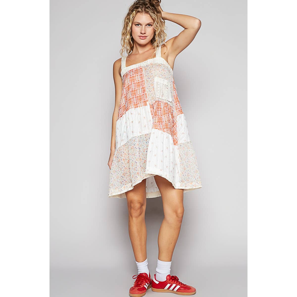 Pol Clothing - Vintage washed plaid patch casual midi dress
