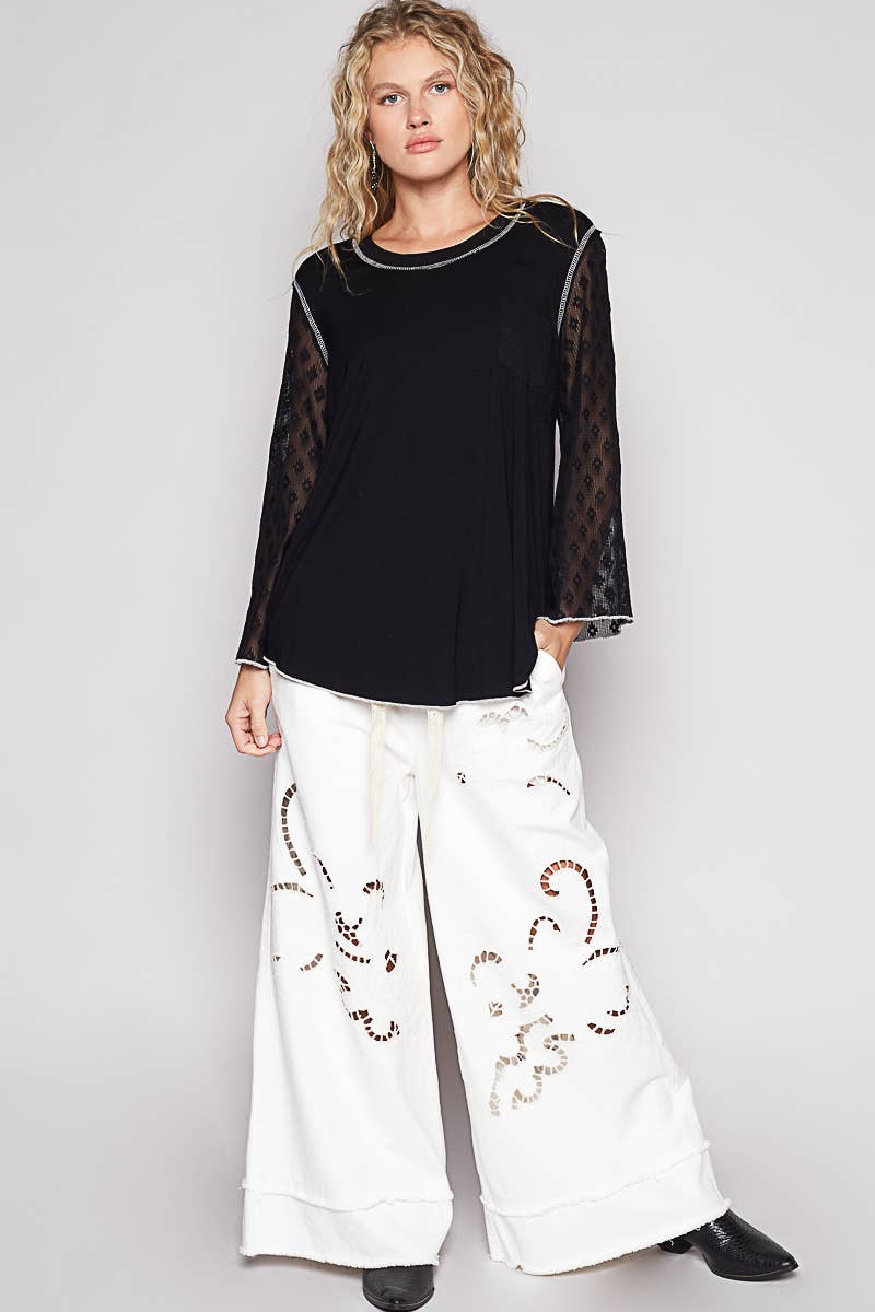 Pol Clothing - Scoop neck lace long sleeve front pocket solid top