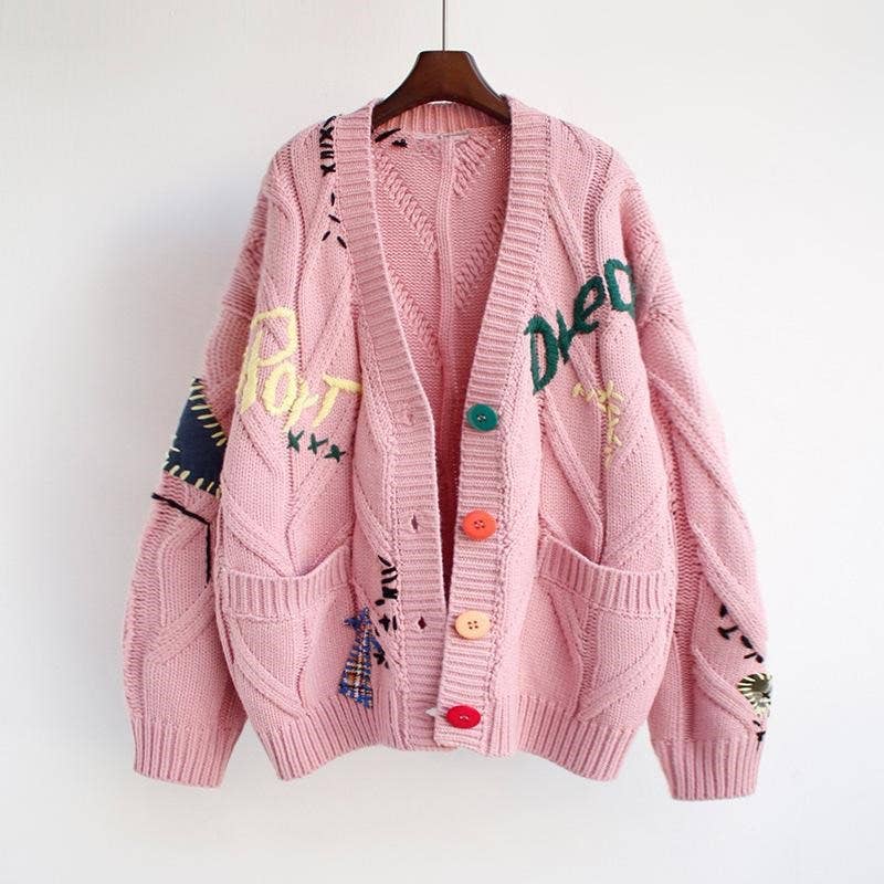 Rosa Clothing - Slouchy Embroidered Cardigan With 6 Colors