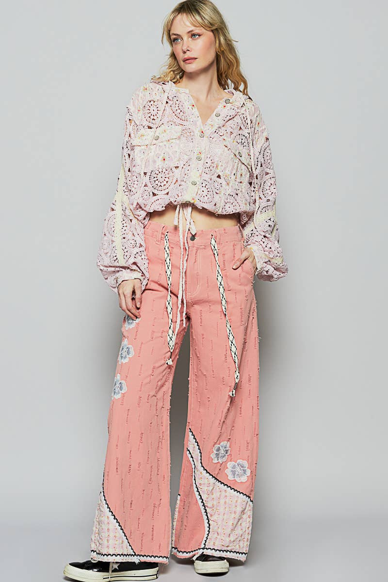 Pol Clothing - Floral patches embroidery elastic band casual pant