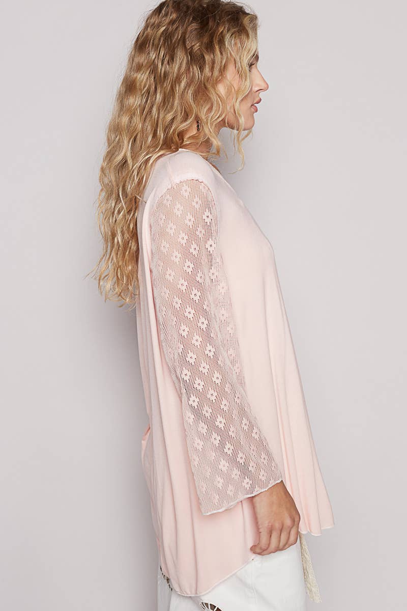 Pol Clothing - Scoop neck lace long sleeve front pocket solid top