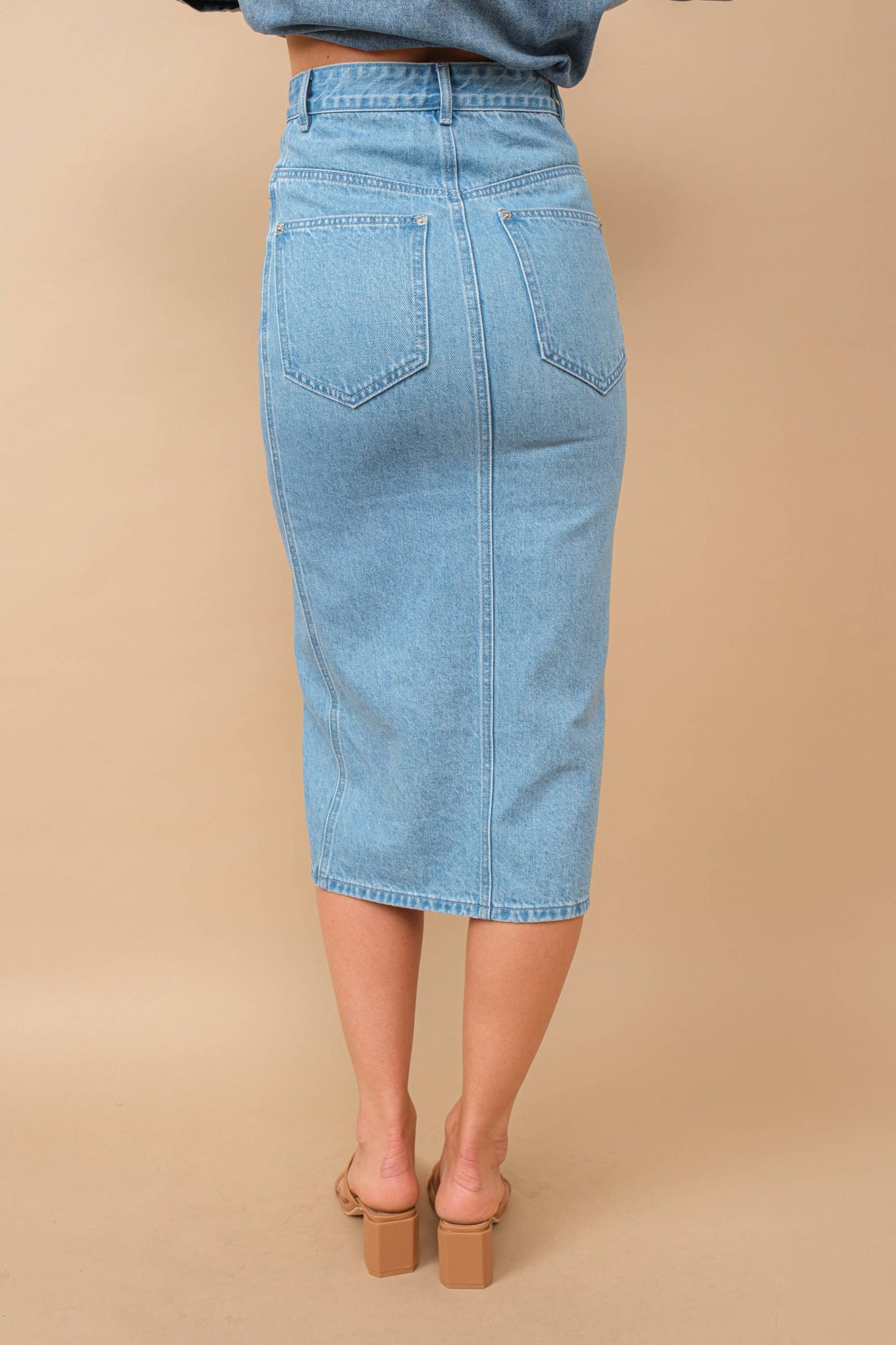 80187S- Mid Rise Fitted Button Up Midi Denim Pencil Skirt