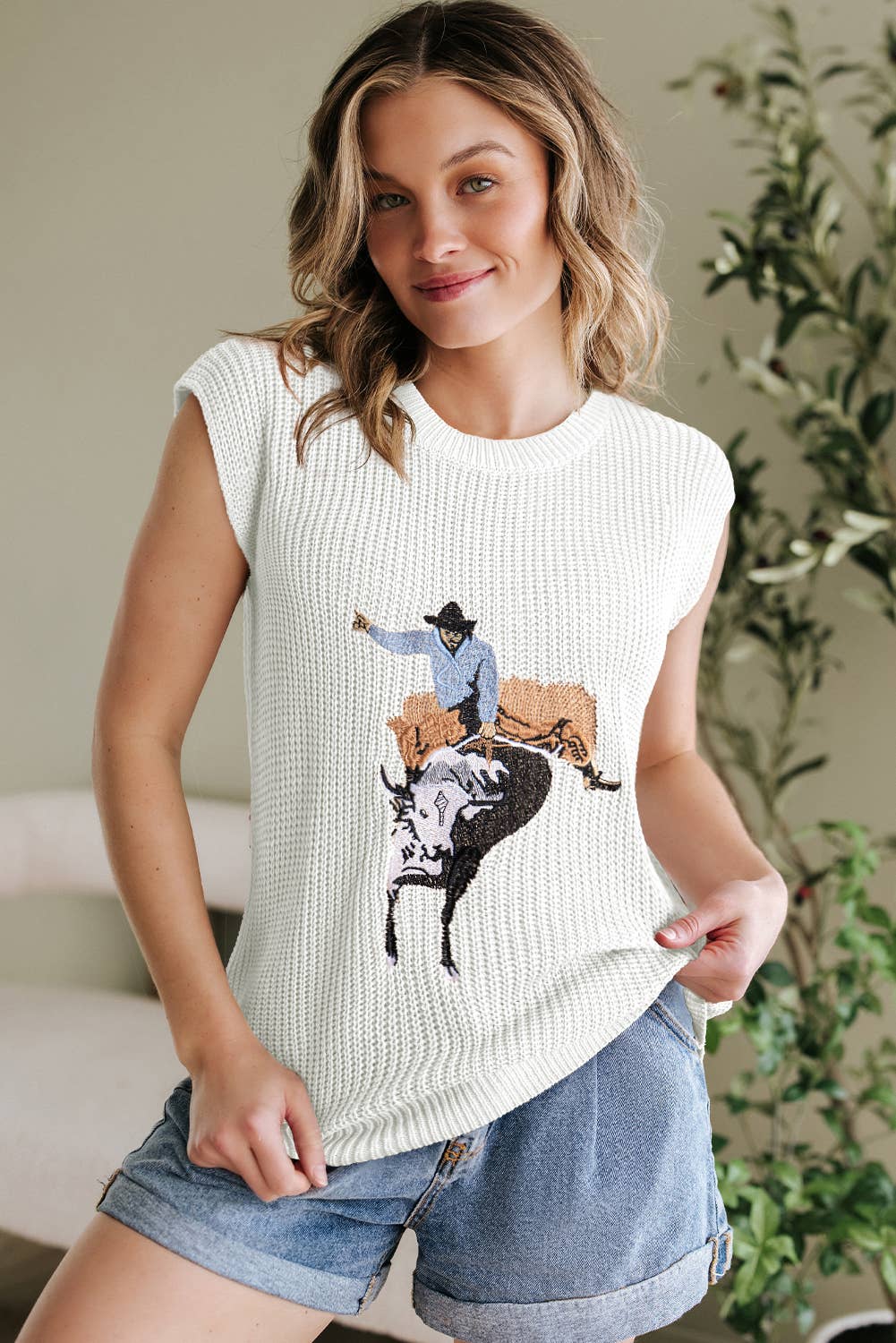 1 the Woman - Western Cowboy Embroidery Round Neck Sleeveless Sweater