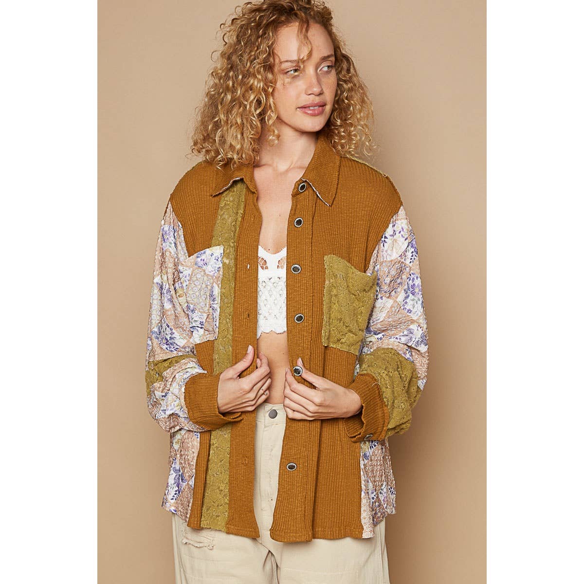 Pol Clothing - Oversized floral contrast front pockets shirt