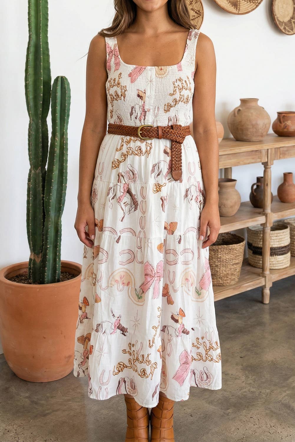 Little Daisy Closet - LDC Printed U Neck Sleevless Smocked Bodice Shift Midi Dress