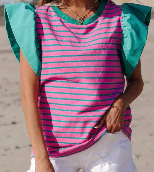 Crossed Arrows Clothing Wholesale co. - Striped Ruffled Sleeve Crew Neck Blouse