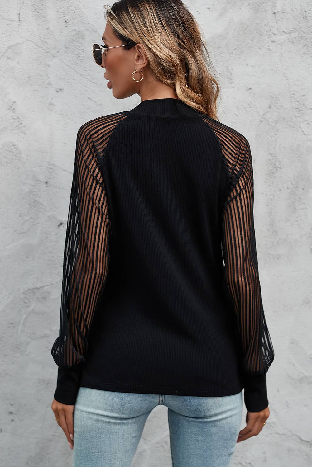 Black Striped Mesh Long Sleeve Crewneck Ribbed Top