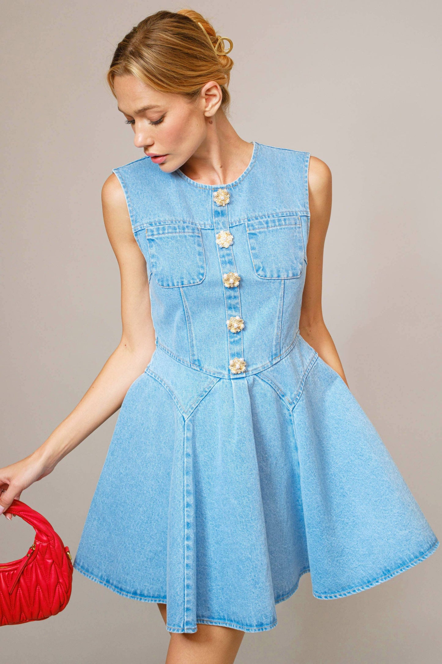 Blue B - 23415D - Jeweled Button Denim Flare Dress