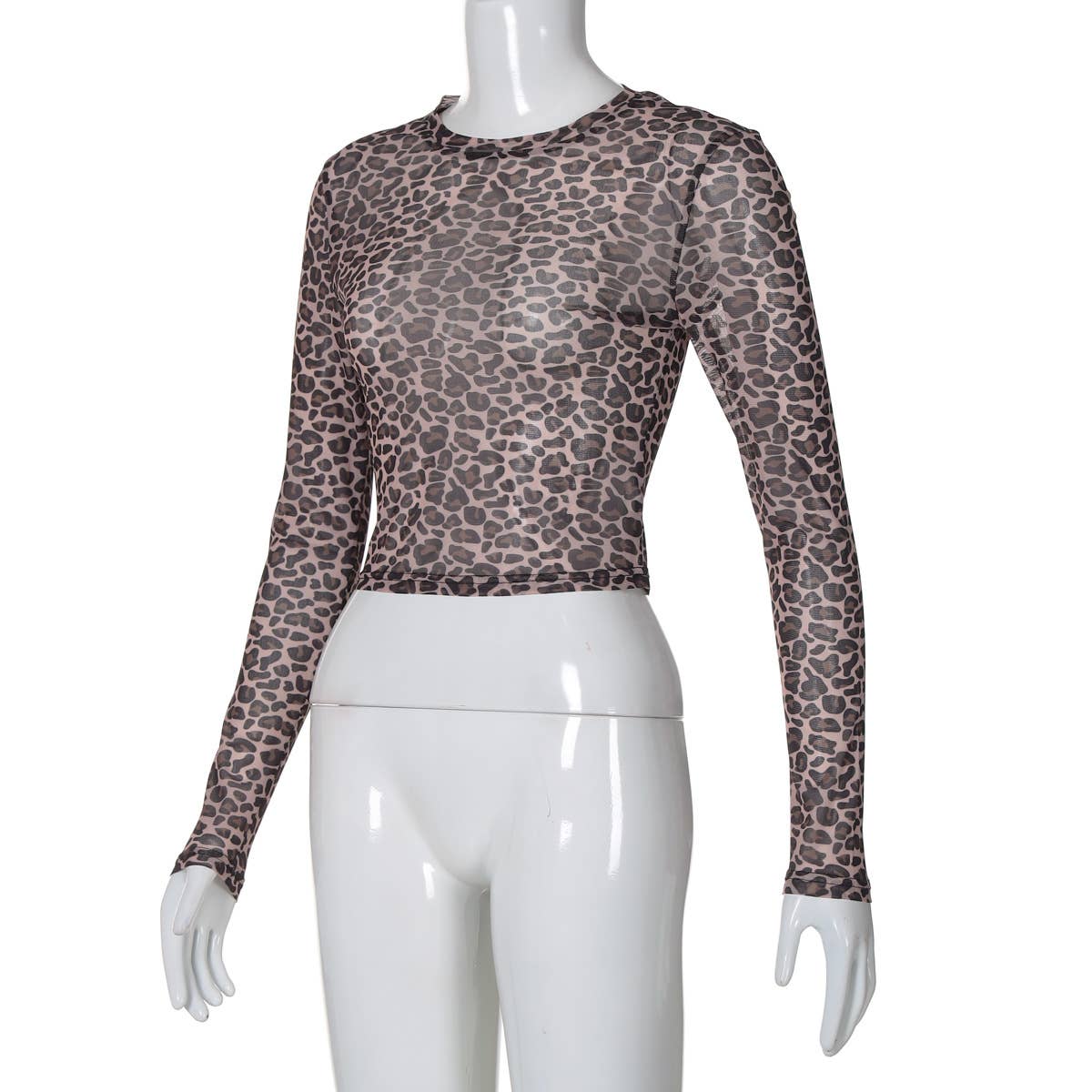 Rosa Clothing - Leopard semi sheer mesh see-through long sleeve Top