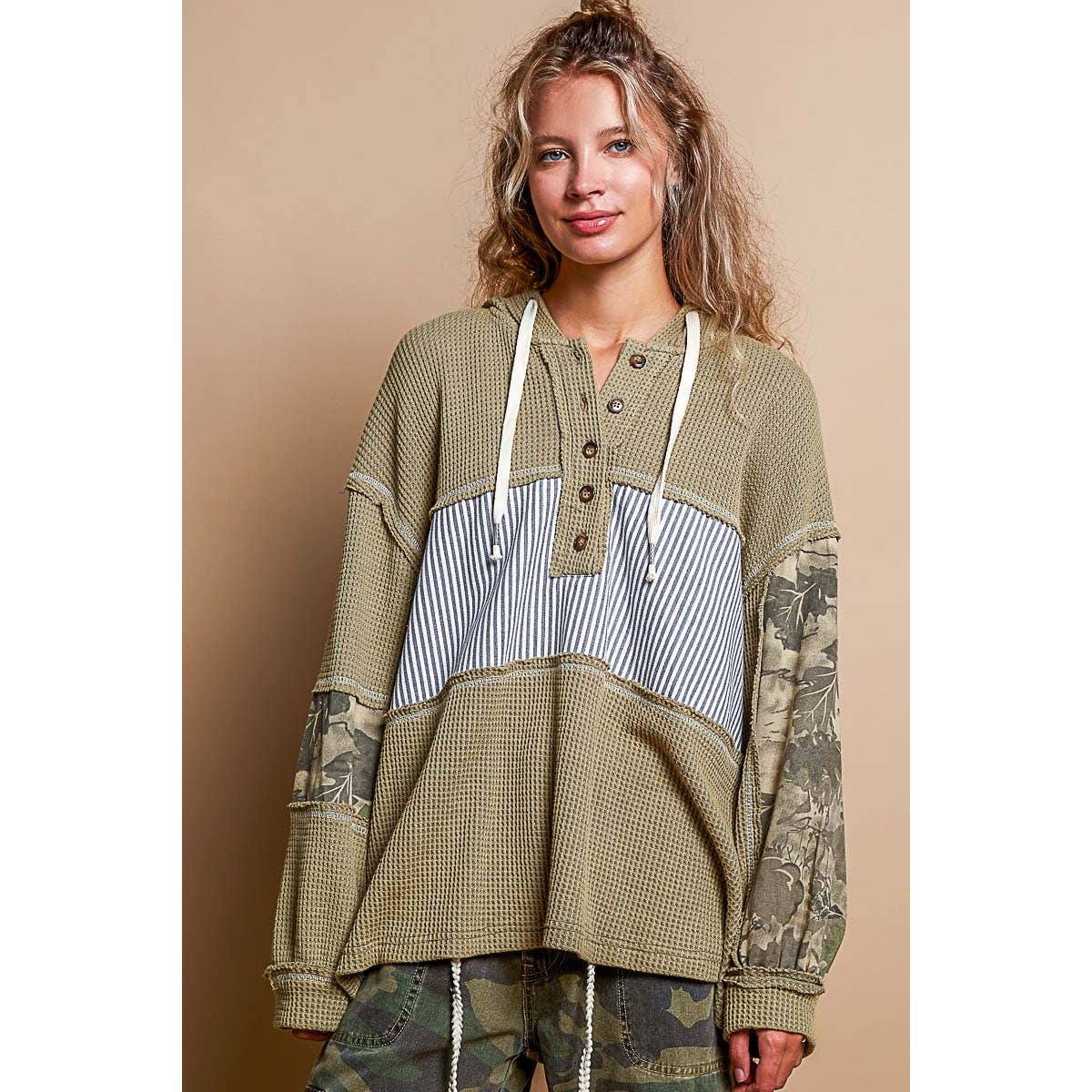 Pol Clothing - Printed camo sleeve elbow patches solid top SALE