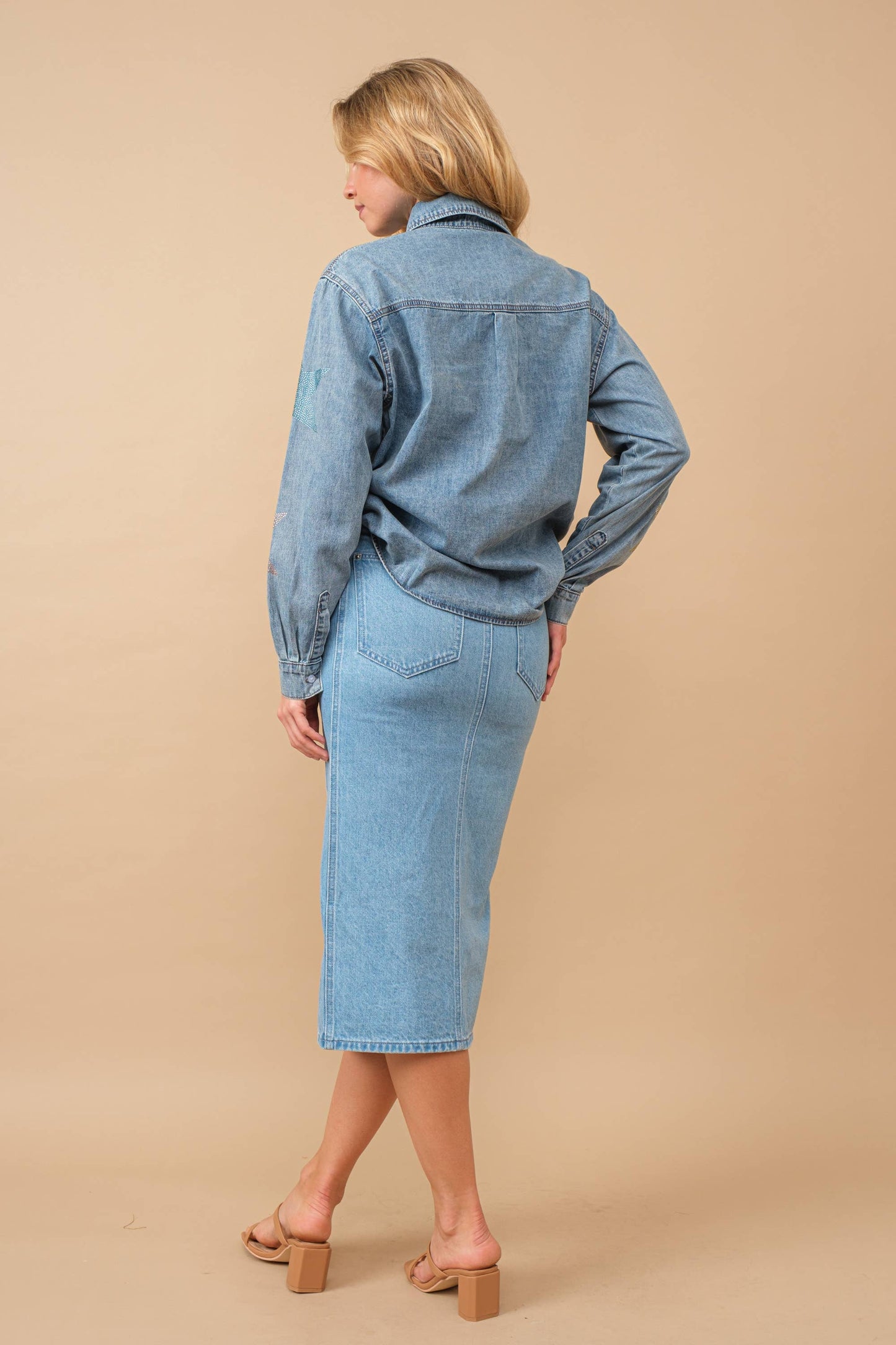 80187S- Mid Rise Fitted Button Up Midi Denim Pencil Skirt