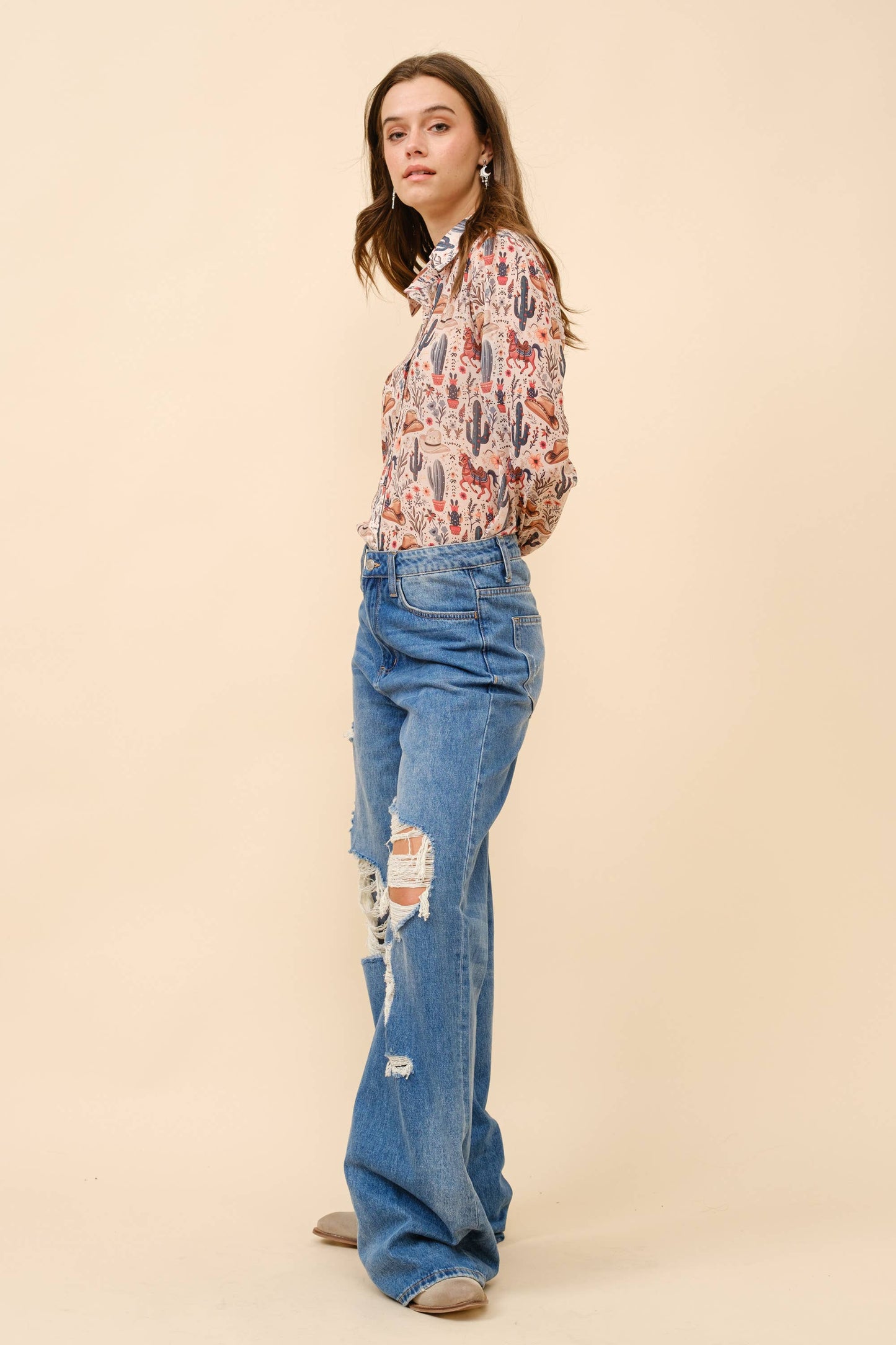 Blue B - 36204T - Western Print Chiffon Button Up Blouse