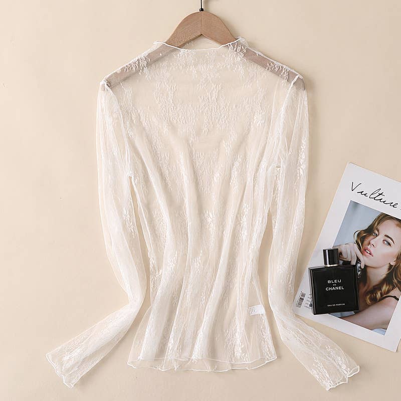 Rosa Clothing - Semi Sheer Mesh Floral Lace Layering See Through Top