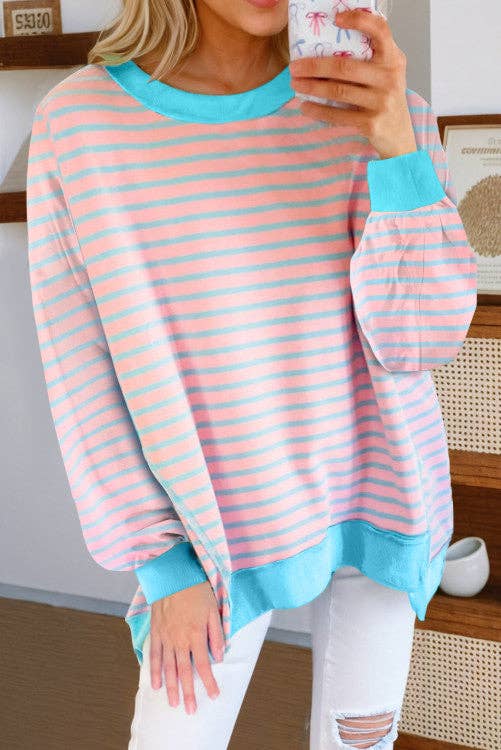Crossed Arrows Clothing Wholesale co. - Stripe Contrast Trim High Low Pullover Tunic Sweatshirt