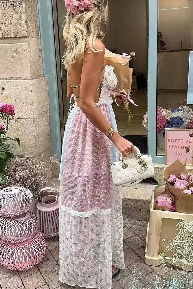 Rosa Clothing - Floral sheer mesh lace patchwork halter maxi flare dress