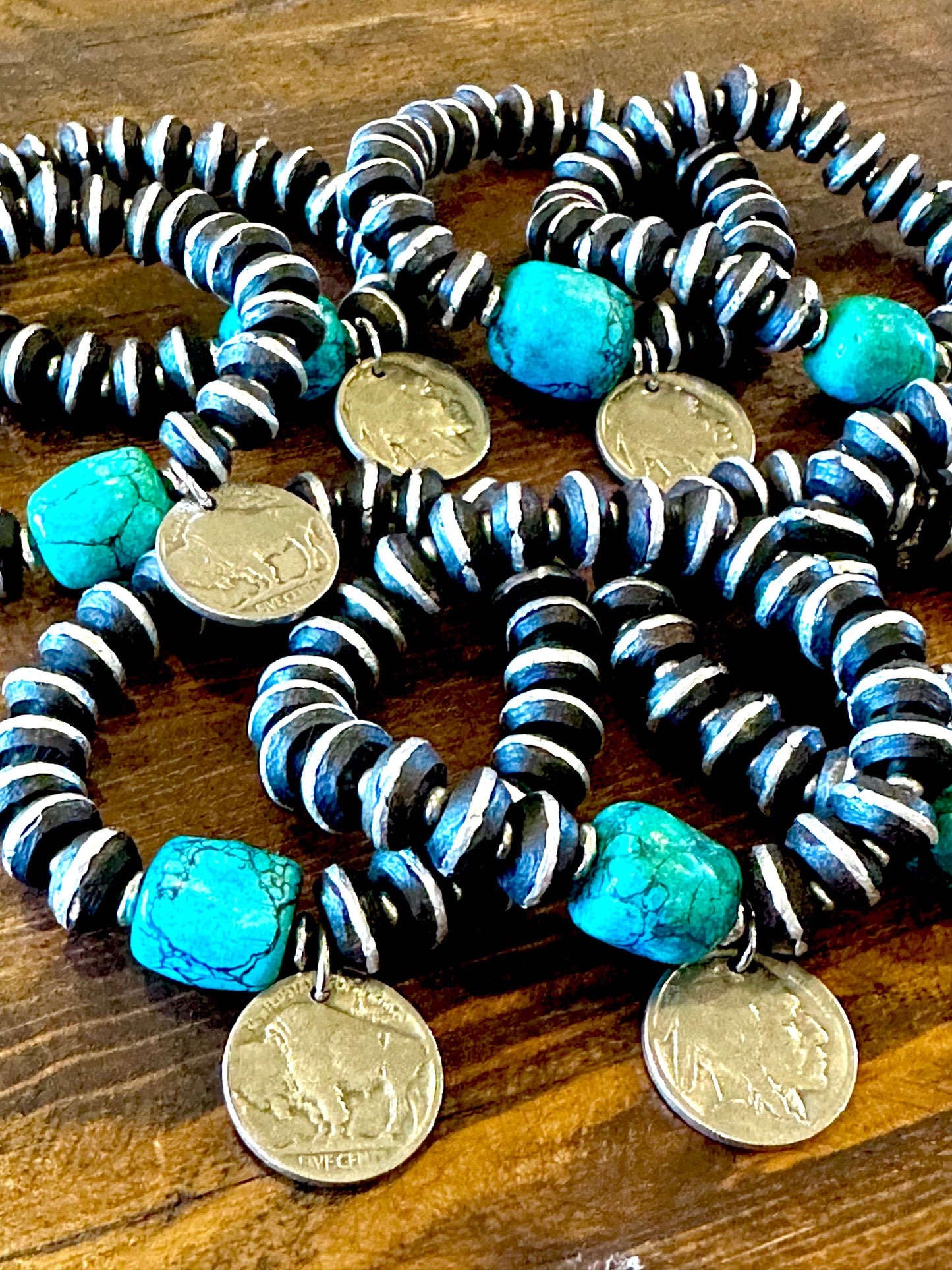 African Ebony Wood and Turquoise Stretch Bracelets