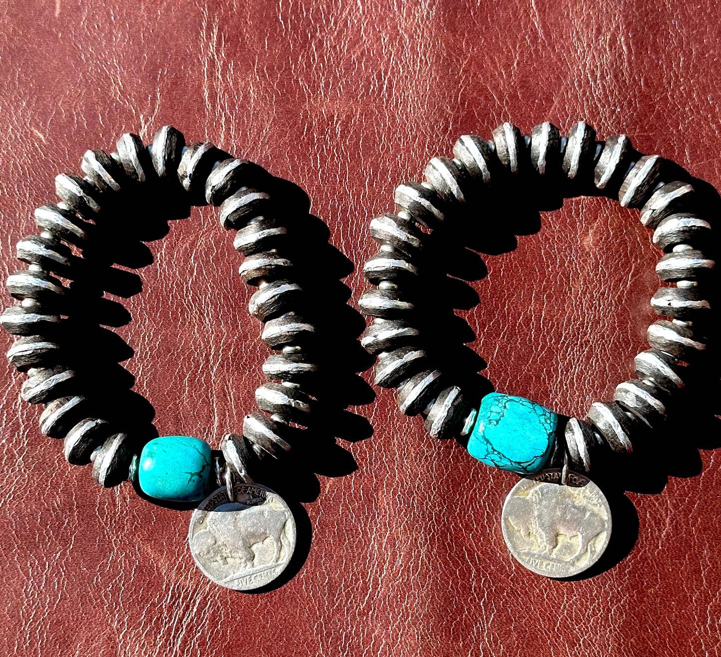 African Ebony Wood and Turquoise Stretch Bracelets